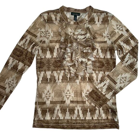 LRL Lauren Jeans Company Neutral Tones Aztec Ruffle Front Semi Sheer Top Size XL - Picture 1 of 11